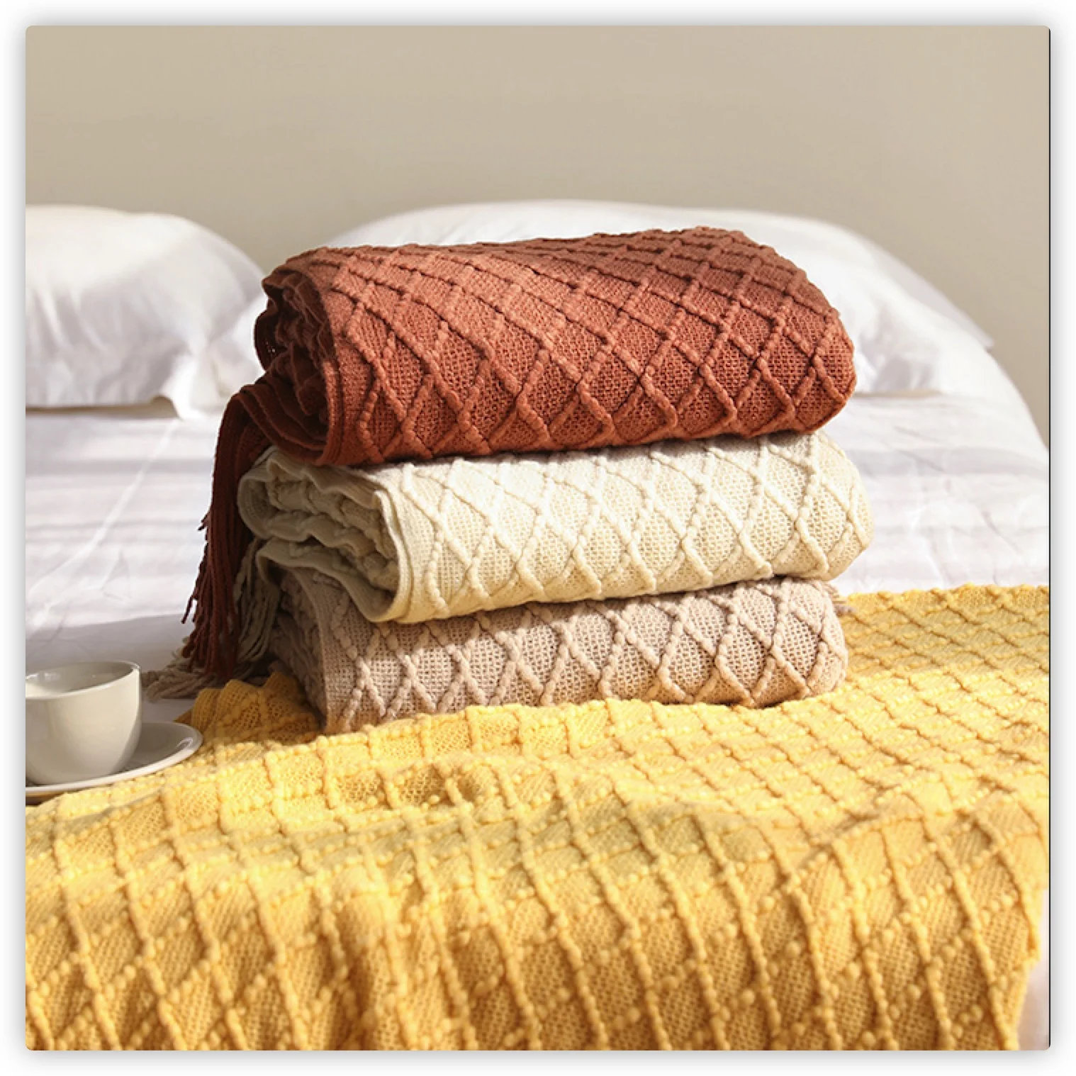 Boho Throw Blanket Fringe - Tekstylia: Dzianinowy pled z frędzlami, miękki,